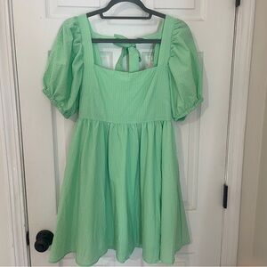Mable green Seersucker Puff Sleeve Tie Back Babydoll Mini Dress size small NWOT